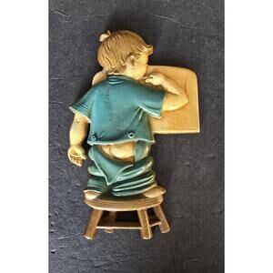 Vintage 1966 Sexton USA Cast Metal Wall Plaque Boy at Chalkboard Bathroom Decor